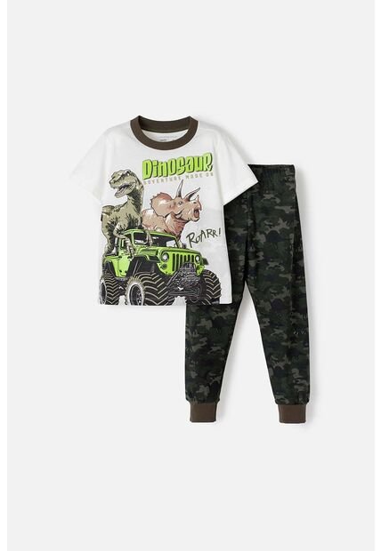 Pijama De LittleMic Manga Corta Marfil Y Verde Para Niño 2T A 5T 5T