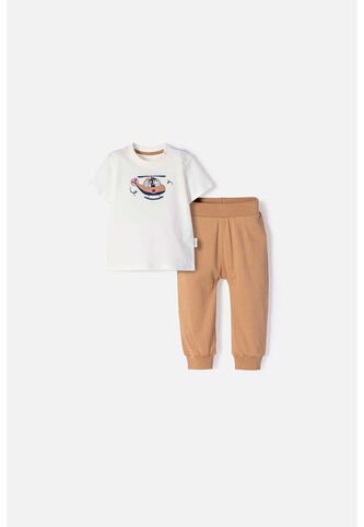 Conjunto LittleMic Marfil Y Café Manga Corta Para Bebé Niño 12-18 LittleMic