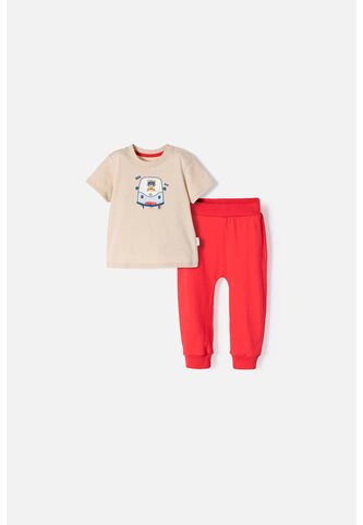 Conjunto LittleMic Caqui Y Rojo Estampado En Frente Para Bebé Niño 9-12 LittleMic