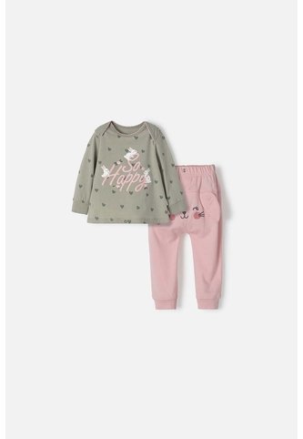 Pijama De LittleMic Con Pantalón Largo Verde Y Palo Rosa Para Bebé Niña 12-18 LittleMic