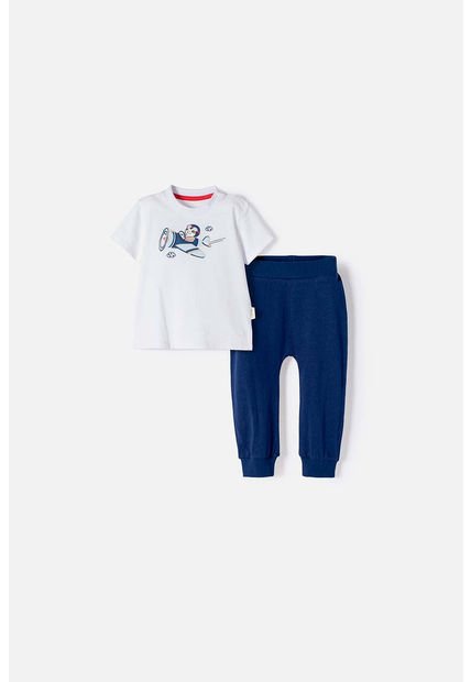 Conjunto LittleMic Blanco Y Azul Manga Corta Para Bebé Niño 18-24