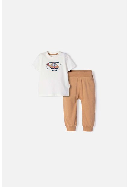 Conjunto LittleMic Marfil Y Café Manga Corta Para Bebé Niño 6-9