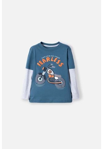Camiseta LittleMic Azul Y Gris Estampada En Frente Para Niño 2T A 5T 3T LittleMic