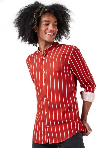 Camisa Los Caballeros Cuello Nero Manga Larga Naranja Con Raya Blancas