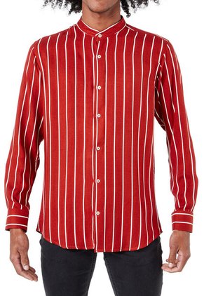 Camisa Los Caballeros Cuello Nero Manga Larga Naranja Con Raya Blancas