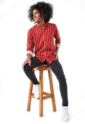 Camisa Los Caballeros Cuello Nero Manga Larga Naranja Con Raya Blancas