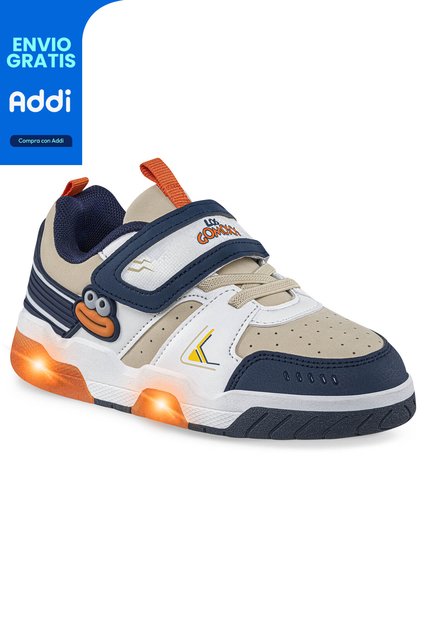 Tenis Con Luces Nuvik Beige-Azul O Los Gomosos Para Niño
