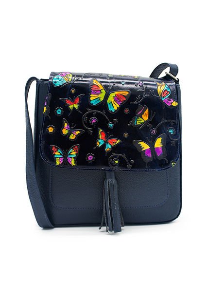 Bolso Manos Libres C321 En Cuero Tala Azul Mariposas Grandes