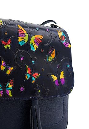 Bolso Manos Libres C321 En Cuero Tala Azul Mariposas Grandes
