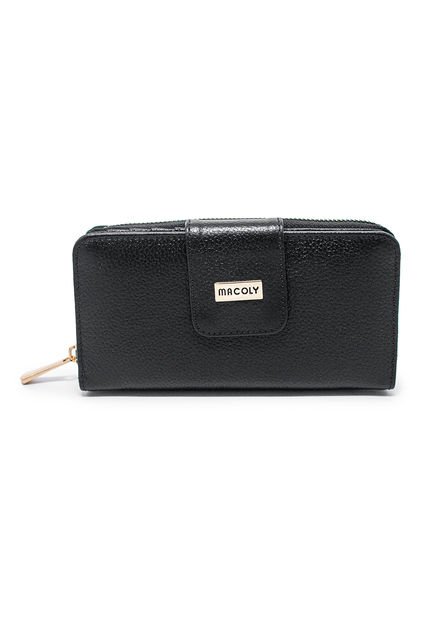 Billetera Grande A011 Cuero Negro Cremallera Dorada