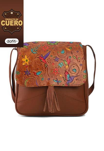 Bolso Manos Libres C325 Cuero Talia Miel Pajaros