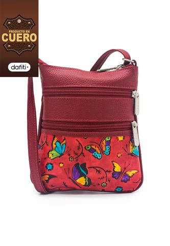Bolso Manos Libres 320 Cuero Tala Rojo Mariposas Macoly