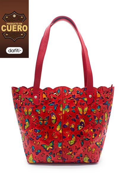 Bolso De Hombro C329 Cuero Tala Rojo Mariposas