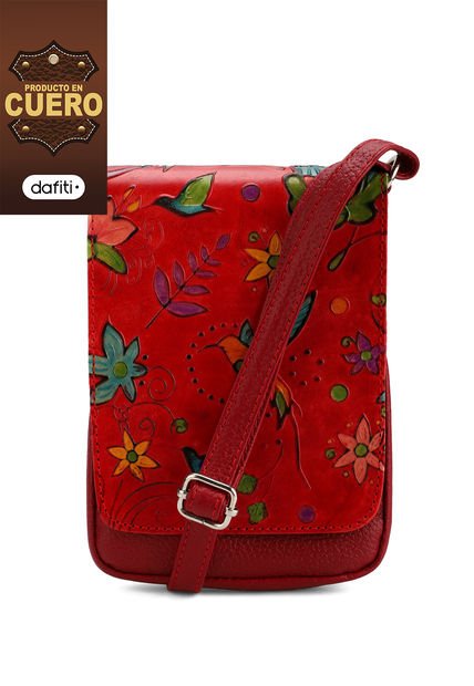 Bolso Manos Libres C299 Cuero Tala Rojo Pajaros