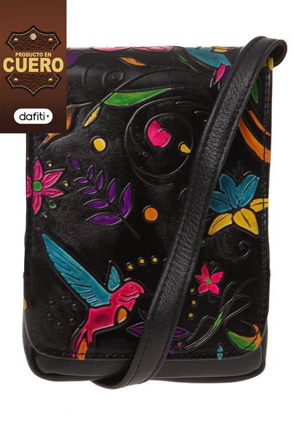 Bolso Manos Libres C299 Cuero Tala Negro Pájaros