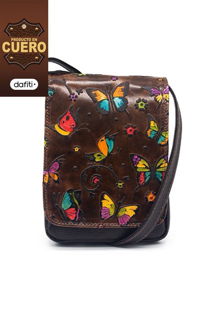 Bolso Manos Libres C299 Cuero Tala Cafe Mariposas