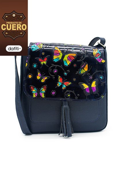 Bolso Manos Libres C321 En Cuero Tala Azul Mariposas Grandes