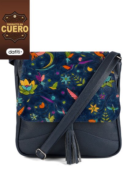 Bolso Manos Libres C325 Cuero Tala Azul Pajaros