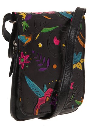 Bolso Manos Libres C299 Cuero Tala Negro Pájaros