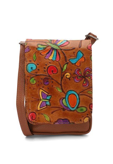 Bolso Manos Libres C299 Cuero Tala Miel Flores