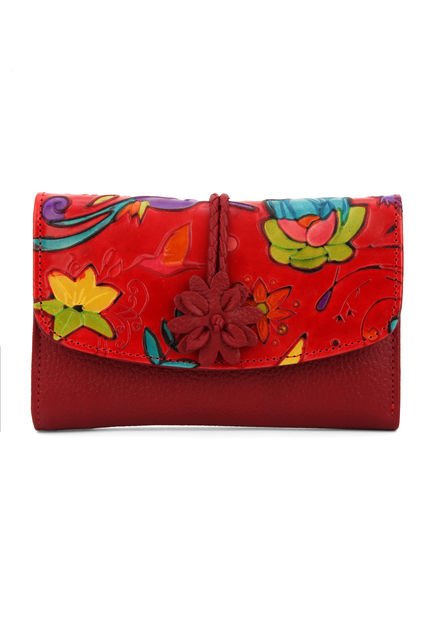 Billetera Mediana 704 Cuero Tala Rojo Flores