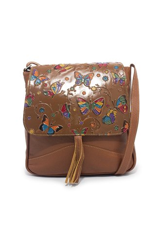 Bolso Manos Libres Macoly C325 Cuero Tala Miel Mariposas Macoly