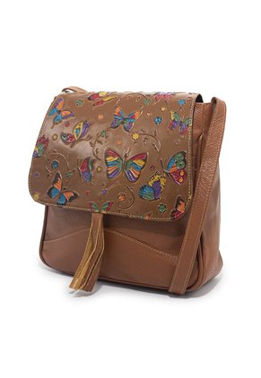Bolso Manos Libres Macoly C325 Cuero Tala Miel Mariposas
