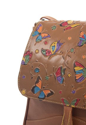 Bolso Manos Libres Macoly C325 Cuero Tala Miel Mariposas