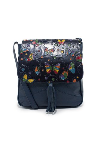 Bolso Manos Libres Macoly C325 Cuero Tala Azul Mariposas Macoly