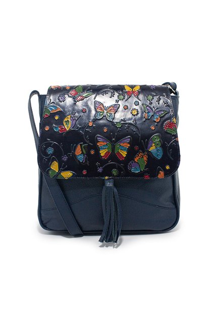 Bolso Manos Libres Macoly C325 Cuero Tala Azul Mariposas