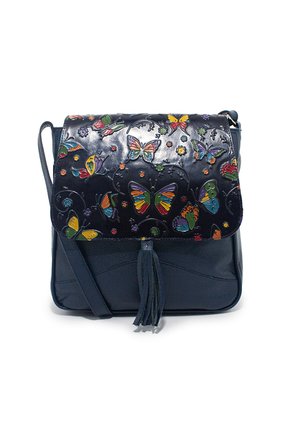 Bolso Manos Libres Macoly C325 Cuero Tala Azul Mariposas