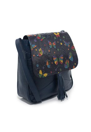 Bolso Manos Libres Macoly C325 Cuero Tala Azul Mariposas
