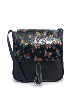 Bolso Manos Libres Macoly C325 Cuero Tala Negro Mariposas