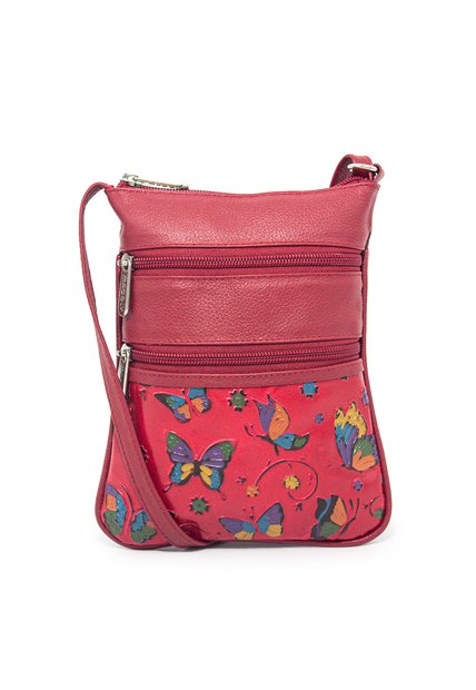 Bolso Manos Libres Macoly 320 Cuero Tala Rojo Mariposas