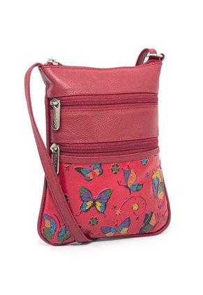 Bolso Manos Libres Macoly 320 Cuero Tala Rojo Mariposas