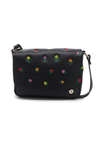 Bolso Manos Libres M403 Cuero Negro Bordado Macoly