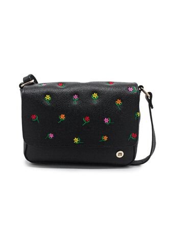 Bolso Manos Libres M403 Cuero Negro Bordado Macoly
