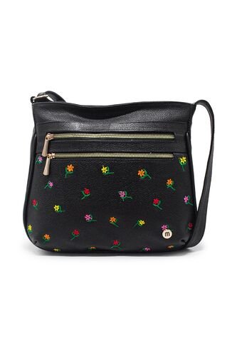 Bolso Manos Libres Macoly M820 Cuero Negro Bordado Macoly