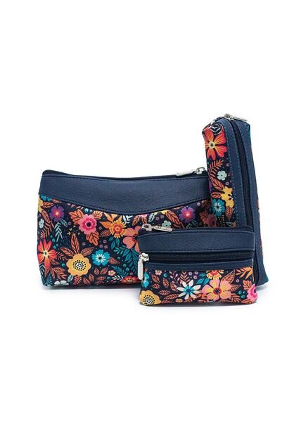 Cosmetiquera, Monedero Y Porta Esferos Flora Azul N