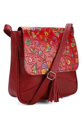 Bolso Manos Libres C325 Cuero Tala Rojo Flores