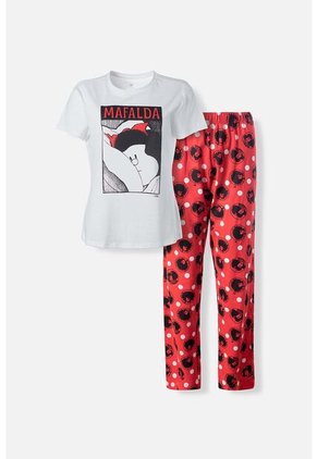 Pijama De Mafalda De Pantalón Largo Blanco Y Rojo Para Mujer L