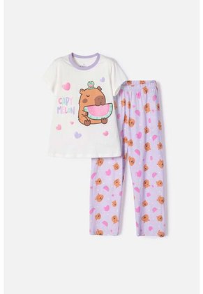 Pijama De Capybara Lila Y Blanca De Pantalón Largo Para Niña 8
