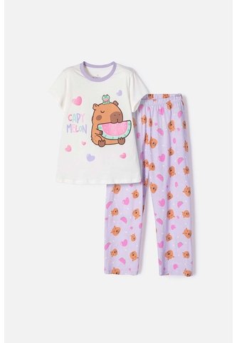Pijama De Capybara Lila Y Blanca De Pantalón Largo Para Niña 8 MARCA MIC