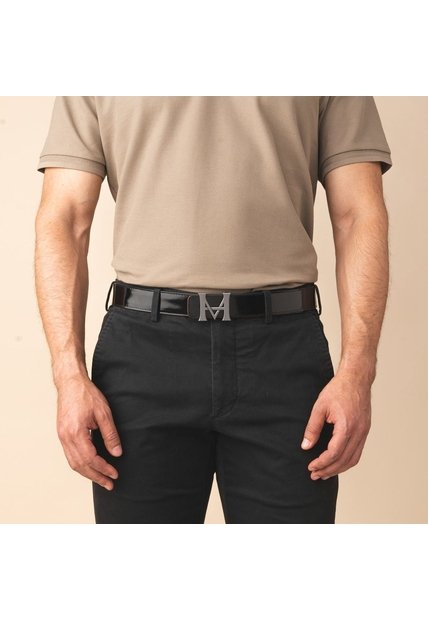 Cinturón Casual Monograma Doble Faz Negro Brillante Café