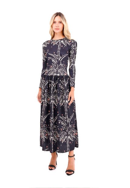 Vestido Largo Boheme Palmeras Negro Mercedes Campuzano