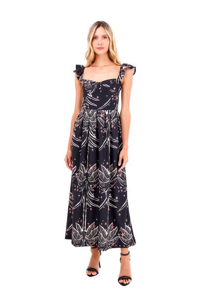 Vestido Largo Flora Palmeras Negro Mercedes Campuzano