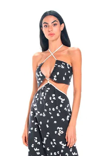 Vestido Largo Clematis Estampado Negro Mercedes Campuzano