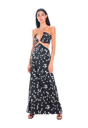 Vestido Largo Clematis Estampado Negro Mercedes Campuzano