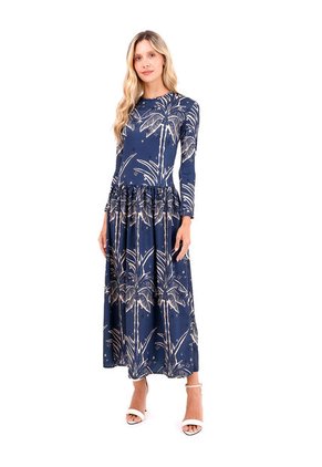 Vestido Largo Boheme Palmeras Azul Mercedes Campuzano