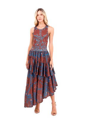Vestido Largo Fuego Palmeras Terracota Mercedes Campuzano